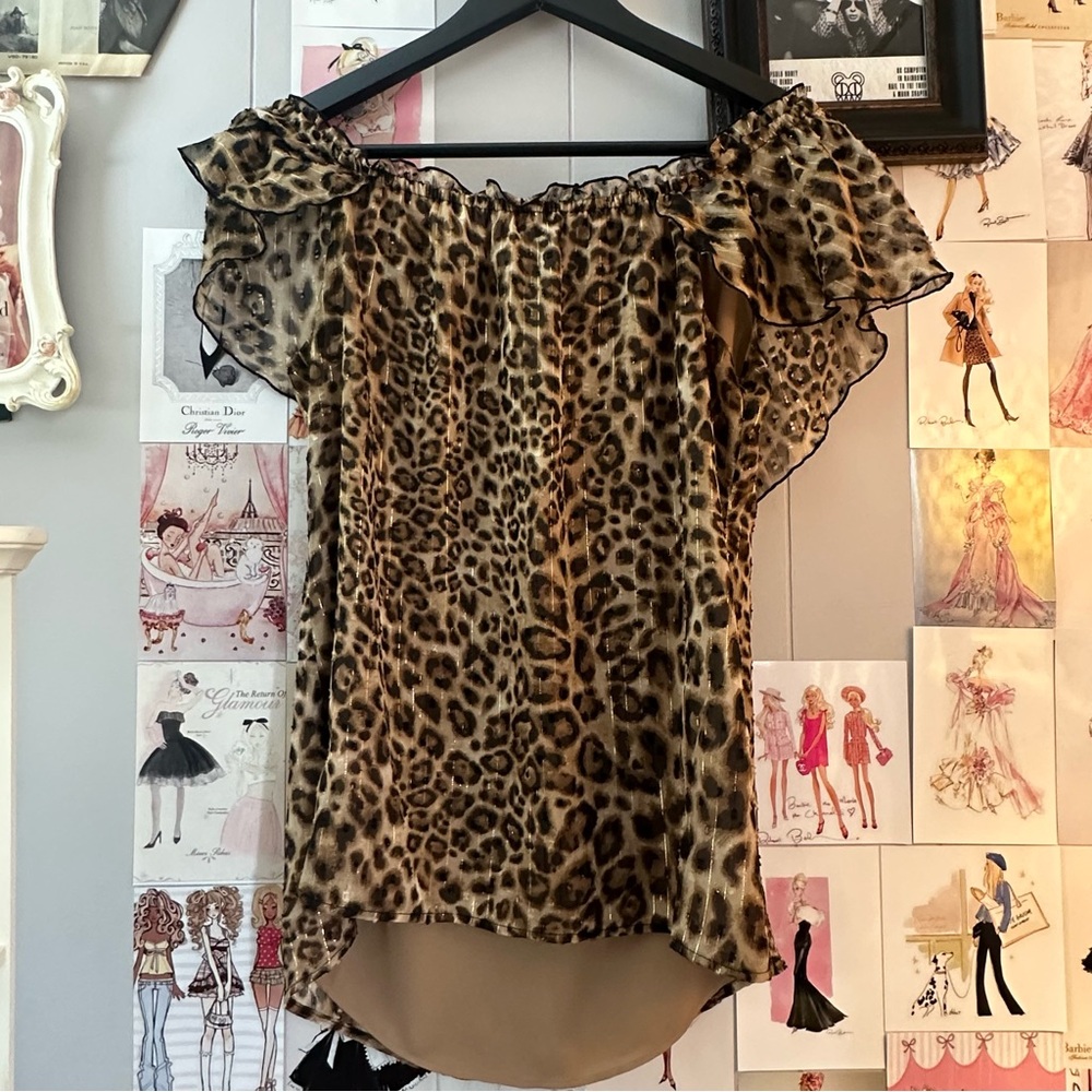 Leopard Print Ruffled Sleeves Off-Shoulder Women's Top - Brown